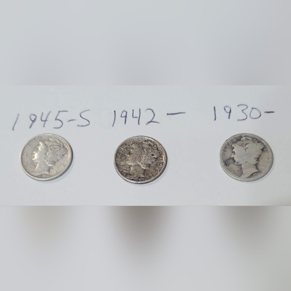 Md4 Set of 3 Silver Mercury Dimes: 1930, 1942 & 1945 S